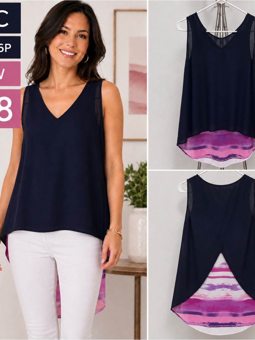 Sleeveless Navy V-Neck High-Low Top with Pink Watercolor Hem